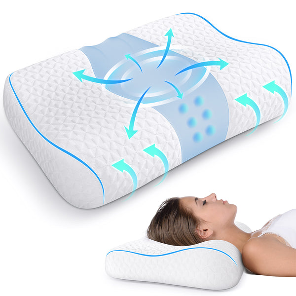 Neck Pillow for Contour Memory Foam Pillow for Neck Pain Relief, Odorless Ergonomic Cooling Pillow for Neck and Shoulder Pain, Bed Pillow Neck Support for Side Back Stomach Sleepers, Blue